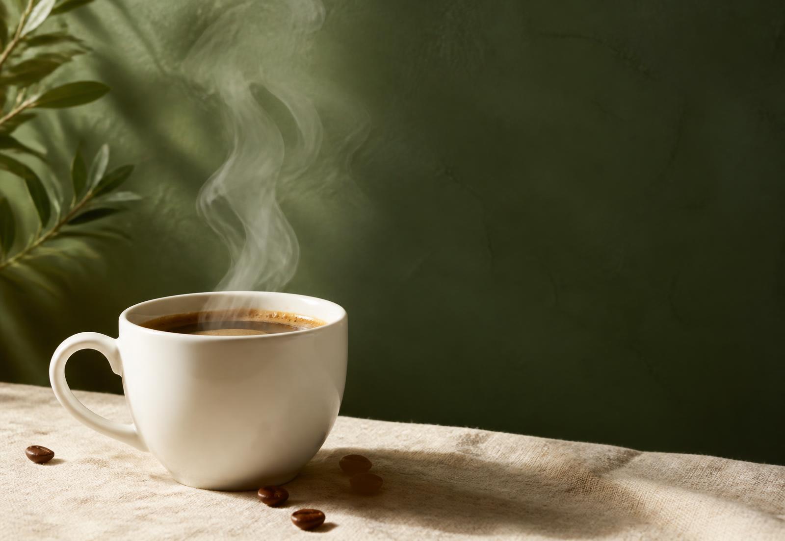 A freshly poured cup of Foodkom coffee on linen against a deep green wall